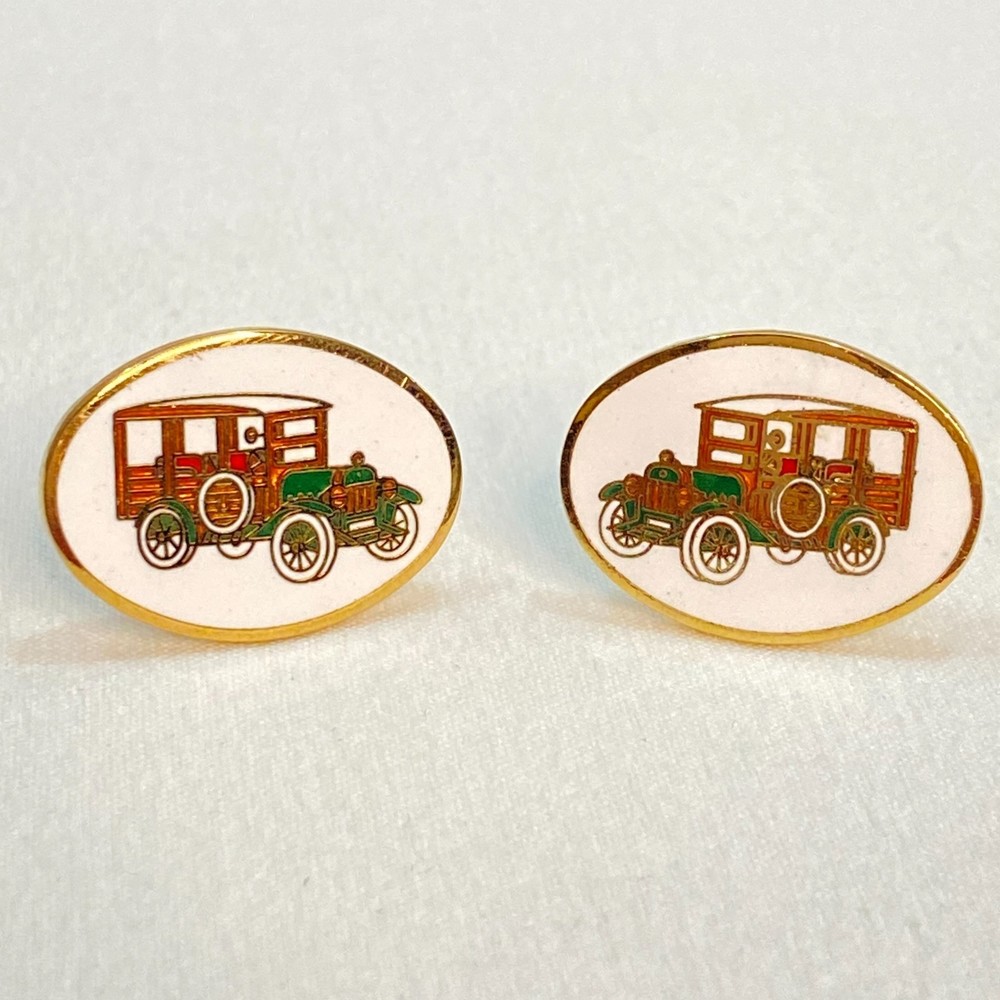 💎Mens Cuff Links Antique Car Enamel Cloisonne Bullet Back And Toggle